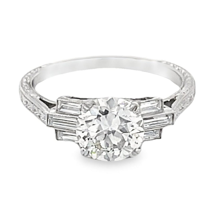 Front view of GIA 1.40ct Old European Cut Diamond Engagement Ring, I Color, Platinum