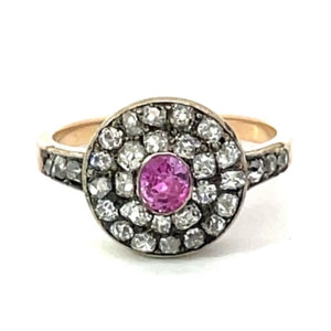 Front view of Antique 0.40ct Oval Cut Pink Sapphire Engagement Ring, Double Halo, Silver & 14k Yellow Gold