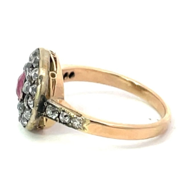 Side view of Antique 0.40ct Oval Cut Pink Sapphire Engagement Ring, Double Halo, Silver & 14k Yellow Gold