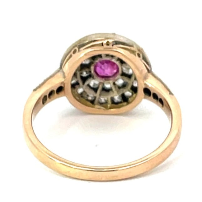 Back view of Antique 0.40ct Oval Cut Pink Sapphire Engagement Ring, Double Halo, Silver & 14k Yellow Gold