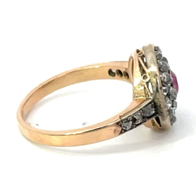 Side view of Antique 0.40ct Oval Cut Pink Sapphire Engagement Ring, Double Halo, Silver & 14k Yellow Gold