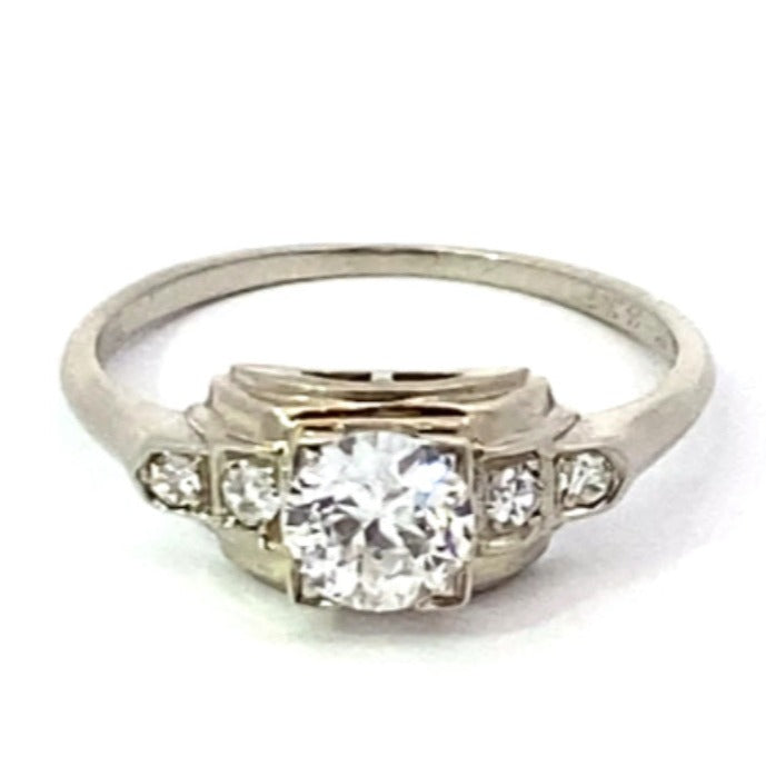 Front view of Vintage 0.50ct Old European Cut Diamond Engagement Ring, I Color, 18k White Gold