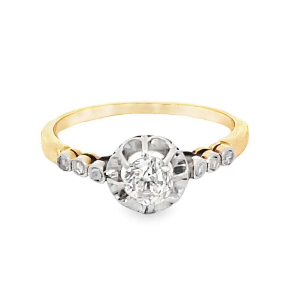 Front view of Antique 0.45ct Old Mine Cut Diamond Engagement Ring, G Color, 18k Yellow Gold