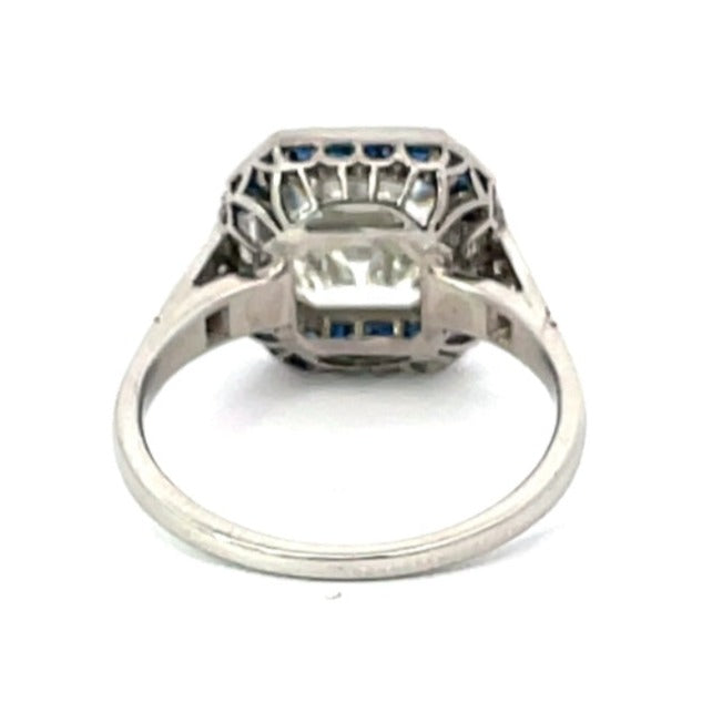 Back view of GIA 3.08ct Asscher Cut Diamond Engagement Ring, Sapphire Halo, Platinum