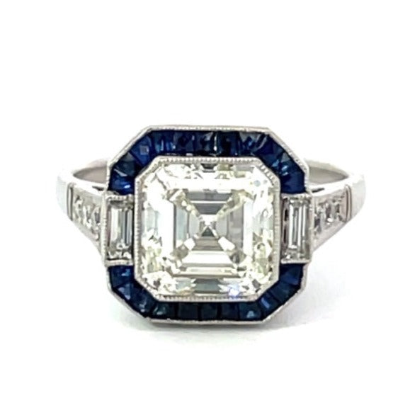 Front view of GIA 3.08ct Asscher Cut Diamond Engagement Ring, Sapphire Halo, Platinum