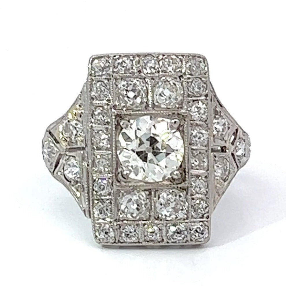 Front view of Antique 1.45ct Old European Cut Diamond Engagement Ring, VS1 Clarity, Platinum & Gold