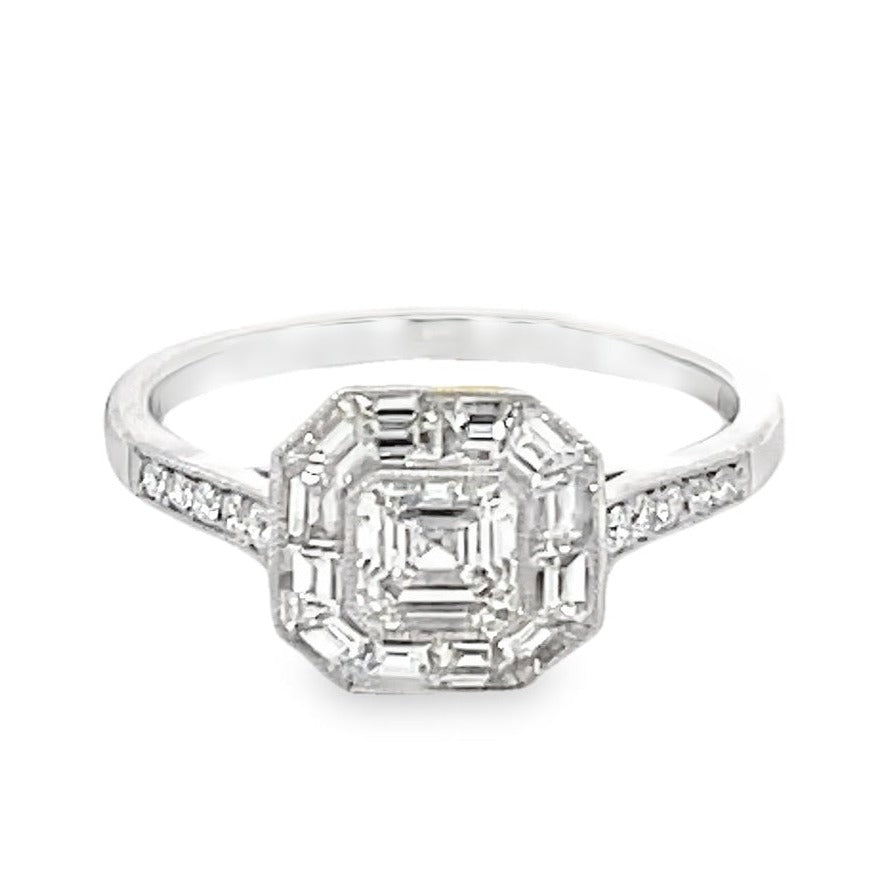 Front view of GIA 0.52ct Asscher Cut Diamond Engagement Ring, Diamond Halo, Platinum