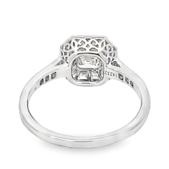 Front view of GIA 0.52ct Asscher Cut Diamond Engagement Ring, Diamond Halo, Platinum