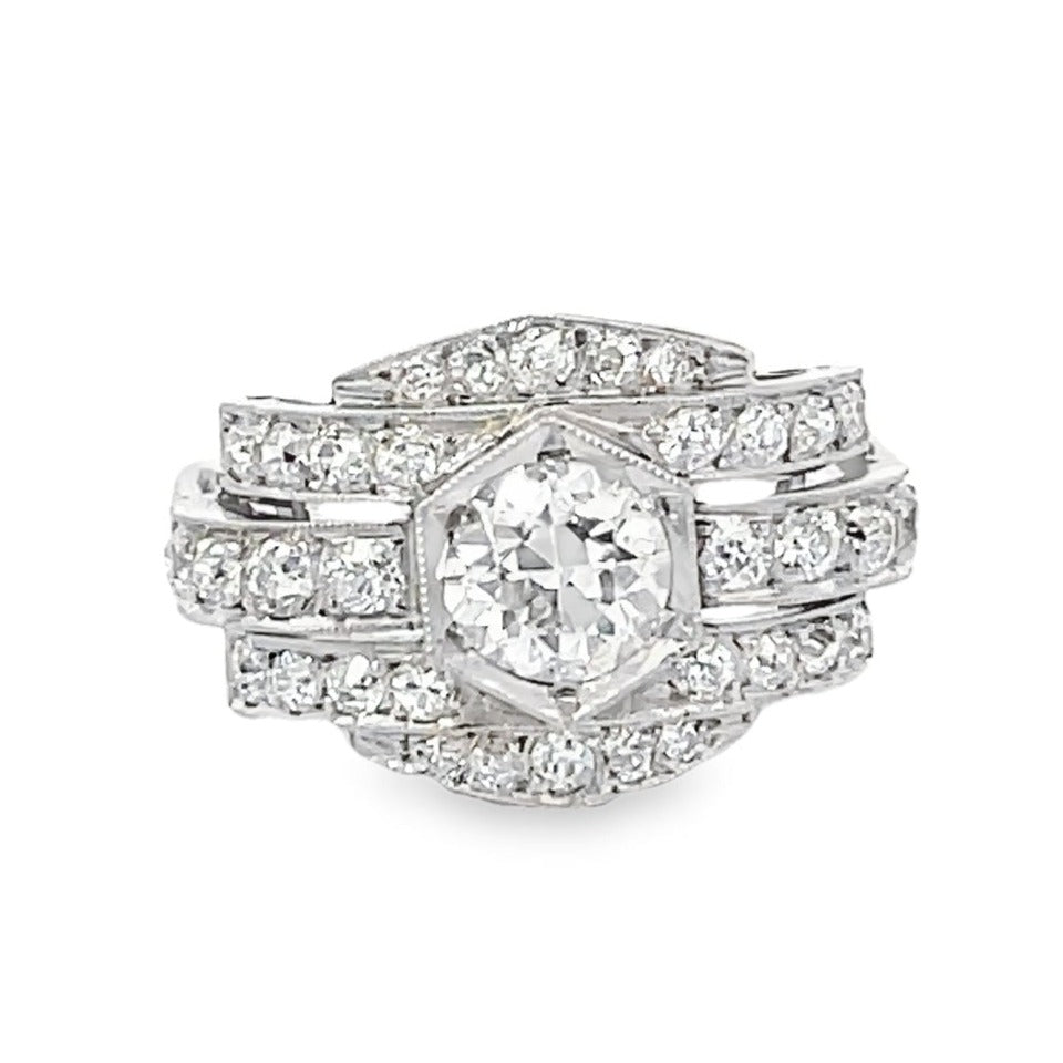 Front view of GIA 0.83ct Old European Cut Diamond Engagement Ring, H Color, Platinum