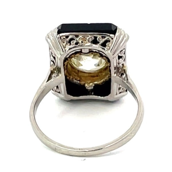 Back view of Antique 2.25 Old European Cut Diamond Cocktail Ring, Platinum, Buffed Onyx