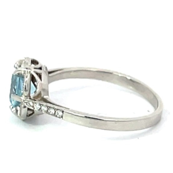 Side view of 0.70ct Round Cut Aquamarine Cluster Ring, Diamond Halo, Platinum