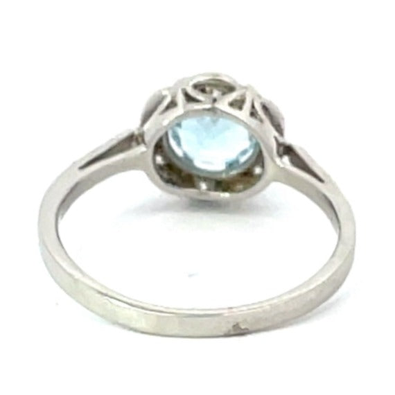 Front view of 0.70ct Round Cut Aquamarine Cluster Ring, Diamond Halo, Platinum