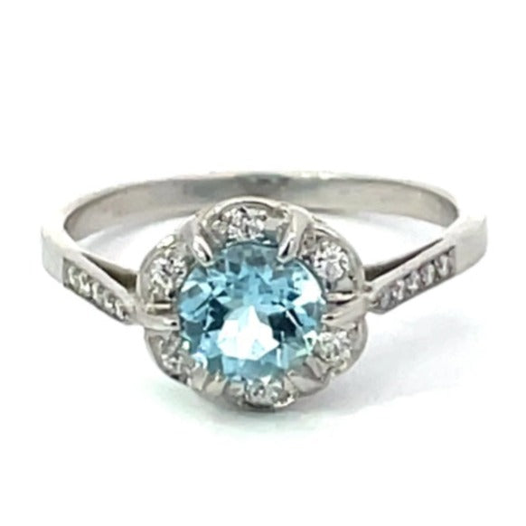 Front view of 0.70ct Round Cut Aquamarine Cluster Ring, Diamond Halo, Platinum