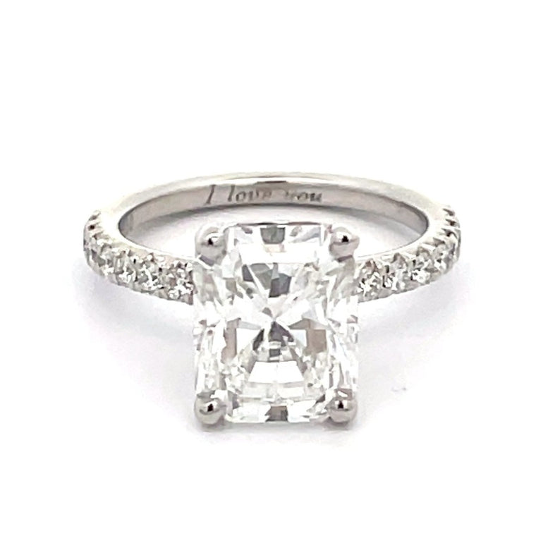 Front view of GIA Certified 3.01ct Radiant Cut Diamond Engagement Ring, F color, VS1 Clarity, Platinum