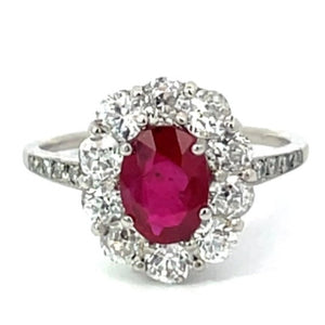 Front view of 1.05ct Oval Cut Natural Ruby Engagement Ring, Diamond Halo, Platinum