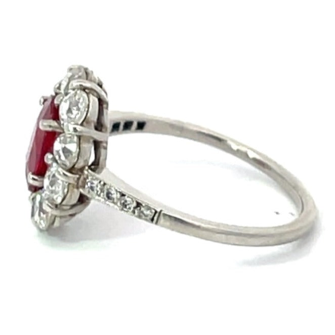 Side view of 1.05ct Oval Cut Natural Ruby Engagement Ring, Diamond Halo, Platinum