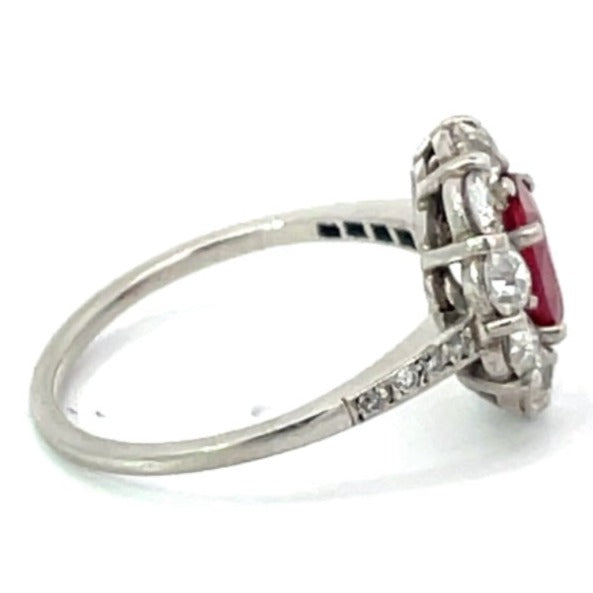 Side view of 1.05ct Oval Cut Natural Ruby Engagement Ring, Diamond Halo, Platinum
