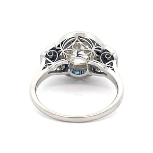 Back view of 3.07ct Old European Cut Diamond Engagement Ring, Sapphire Halo, Platinum