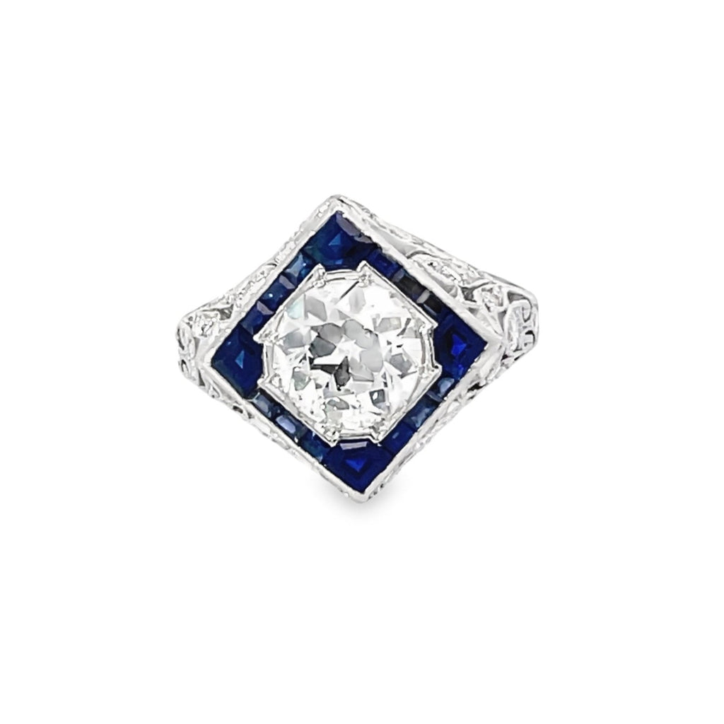 Front view of Antique 1.69ct Old European cut diamond  ring, sapphire halo, platinum