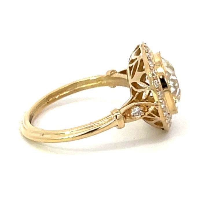 Side view of 3.26ct Old European Cut Diamond Engagement Ring, Diamond Halo, 18k Yellow Gold