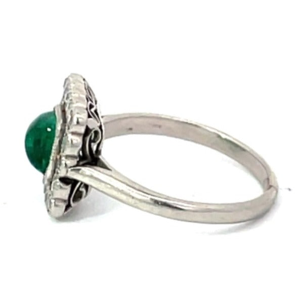 Side view of Antique 0.75ct Sugarloaf Cut Emerald Engagement Ring, Diamond Halo, Platinum