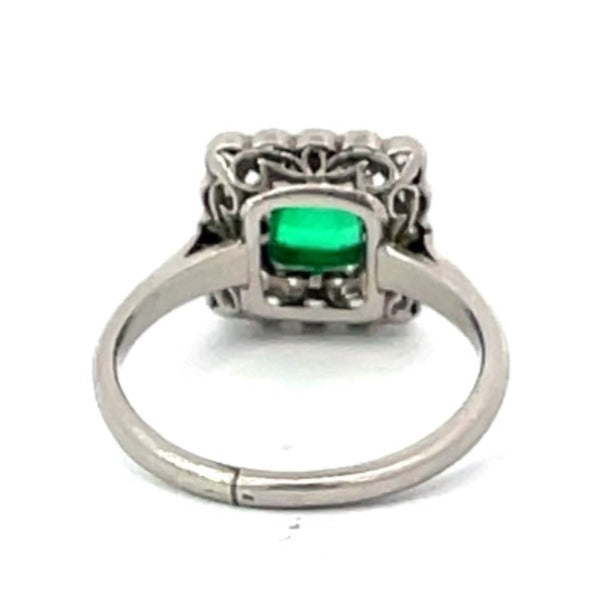 Back view of Antique 0.75ct Sugarloaf Cut Emerald Engagement Ring, Diamond Halo, Platinum