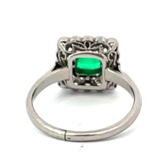 Front view of Antique 0.75ct Sugarloaf Cut Emerald Engagement Ring, Diamond Halo, Platinum