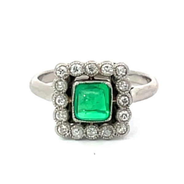 Front view of Antique 0.75ct Sugarloaf Cut Emerald Engagement Ring, Diamond Halo, Platinum