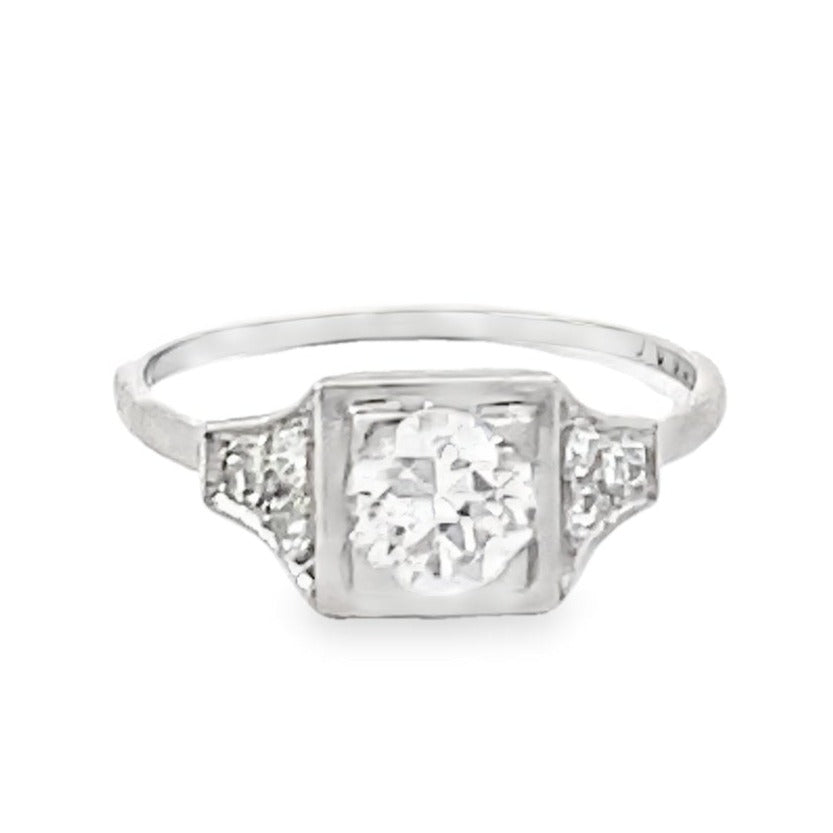 Front view of Antique 0.70ct Old European Cut Diamond Engagement Ring, H Color, Platinum