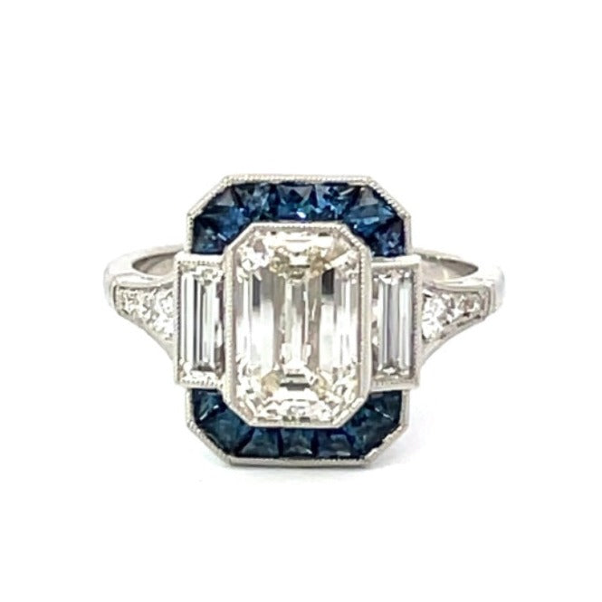 Front view of GIA 2.00ct Emerald Cut Diamond Engagement Ring, Sapphire Halo, Platinum