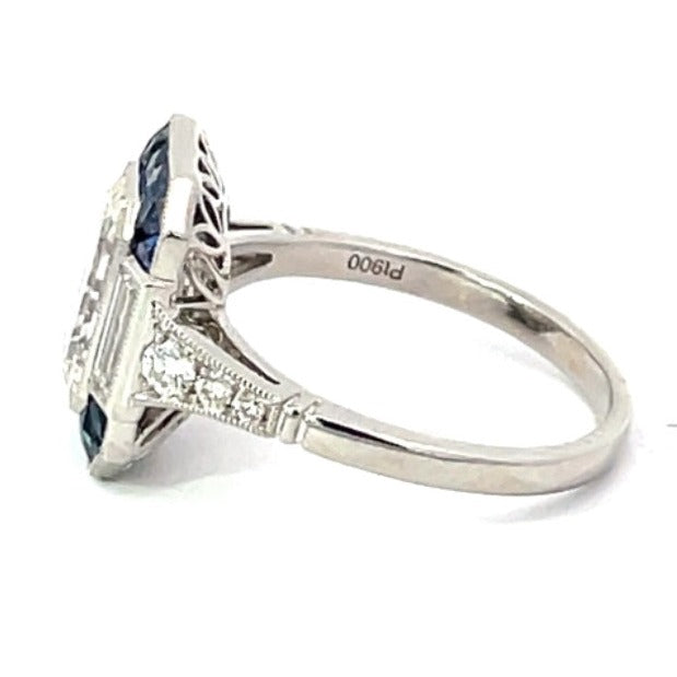 Side view of GIA 2.00ct Emerald Cut Diamond Engagement Ring, Sapphire Halo, Platinum