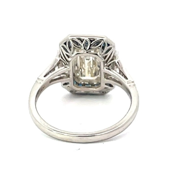 Back view of GIA 2.00ct Emerald Cut Diamond Engagement Ring, Sapphire Halo, Platinum