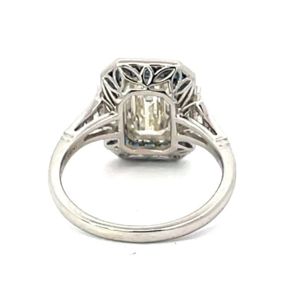 Front view of GIA 2.00ct Emerald Cut Diamond Engagement Ring, Sapphire Halo, Platinum