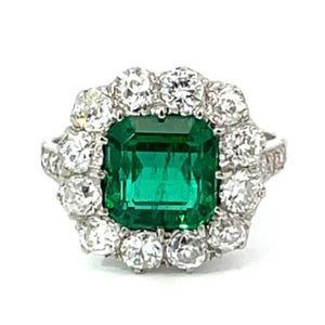 Front view of 2.49ct Emerald Cut Natural Emerald Engagement Ring, Diamond Halo, Platinum