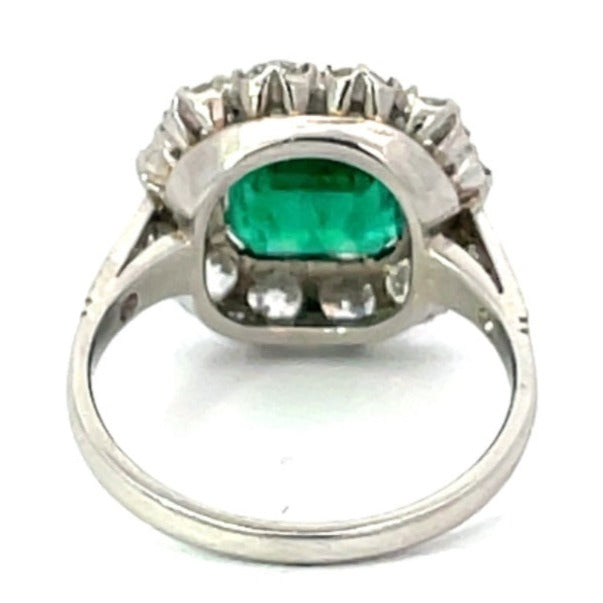Back view of 2.49ct Emerald Cut Natural Emerald Engagement Ring, Diamond Halo, Platinum