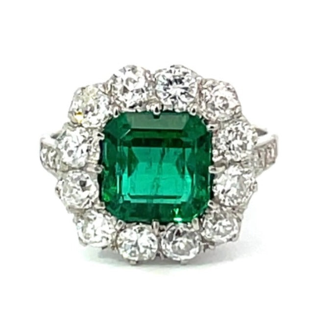 Front view of 2.49ct Emerald Cut Natural Emerald Engagement Ring, Diamond Halo, Platinum