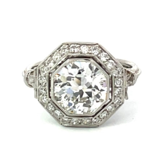 Front view of GIA 2.29ct Old European Cut Diamond Engagement Ring, Diamond Halo, Platinum