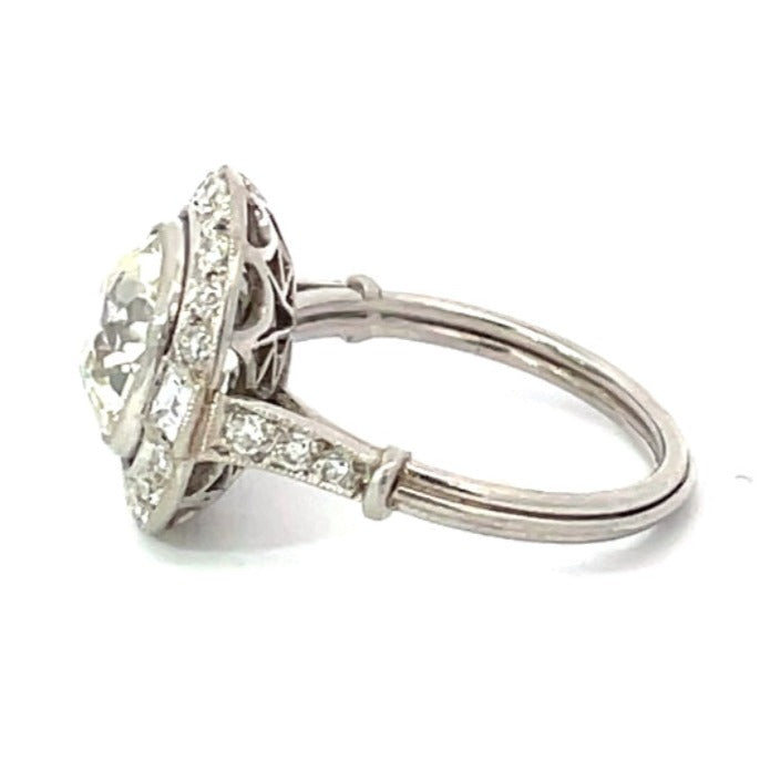 Side view of 2.75ct Antique Cushion Cut Diamond Engagement Ring, Diamond Halo, Platinum