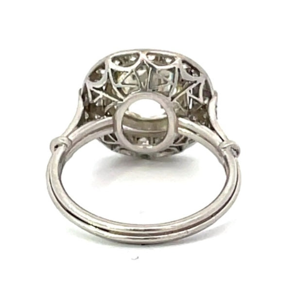 Front view of 2.75ct Antique Cushion Cut Diamond Engagement Ring, Diamond Halo, Platinum