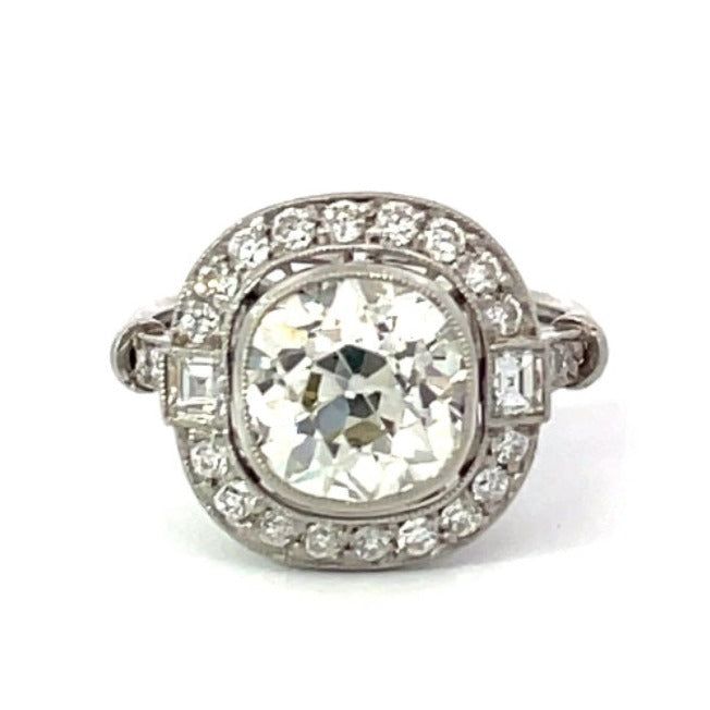 Front view of 2.75ct Antique Cushion Cut Diamond Engagement Ring, Diamond Halo, Platinum