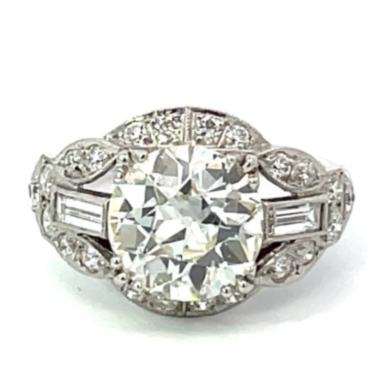 Front view of 2.81ct Old European Cut Diamond Engagement Ring, VS1 Clarity, Diamond Halo, Platinum