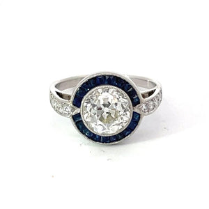 Front view of 1.89ct Old European Cut Diamond Engagement Ring, VS1 Clarity, Sapphire Halo, Platinum