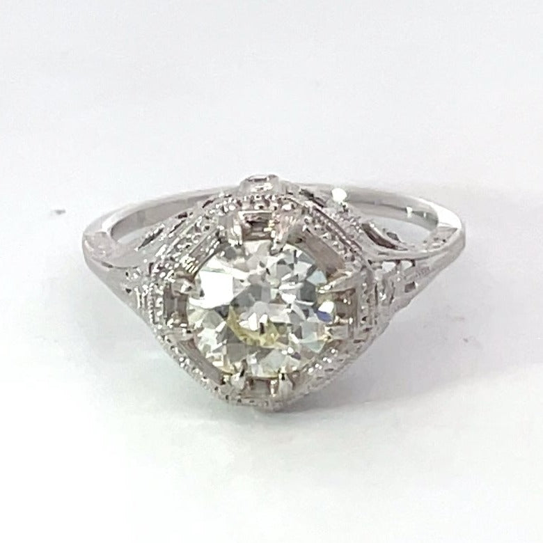 Front view of Vintage 1.20ct Old European Cut Diamond Engagement Ring, 14k White Gold