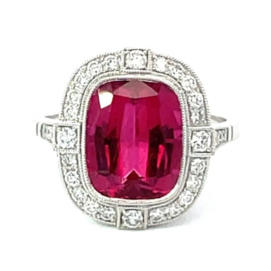 Front view of 4.29ct Cushion Cut Rubellite Cocktail Ring, Diamond Halo, Platinum