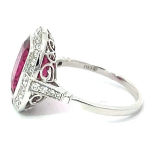 Side view of 4.29ct Cushion Cut Rubellite Cocktail Ring, Diamond Halo, Platinum