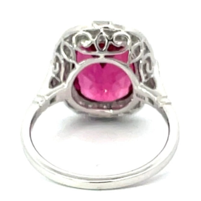 Back view of 4.29ct Cushion Cut Rubellite Cocktail Ring, Diamond Halo, Platinum