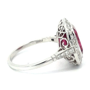 Side view of 4.29ct Cushion Cut Rubellite Cocktail Ring, Diamond Halo, Platinum