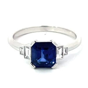 Front view of 1.68ct Emerald Cut Natural Sapphire Engagement Ring, H Color, Platinum