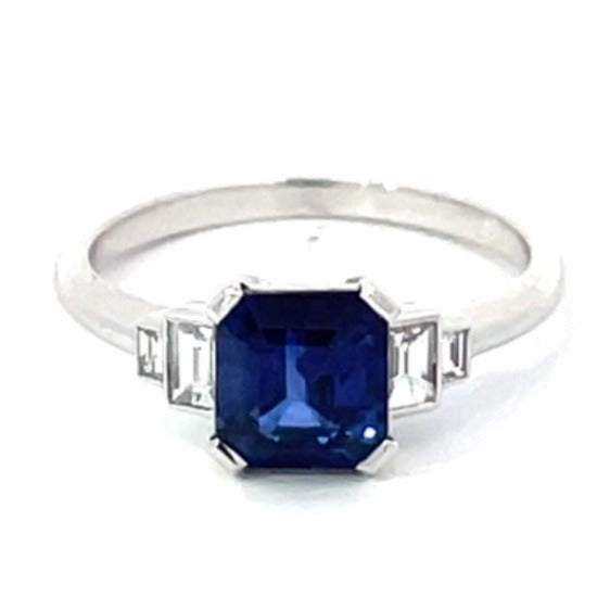 Front view of 1.68ct Emerald Cut Natural Sapphire Engagement Ring, H Color, Platinum