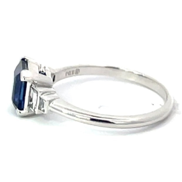 Side view of 1.68ct Emerald Cut Natural Sapphire Engagement Ring, H Color, Platinum